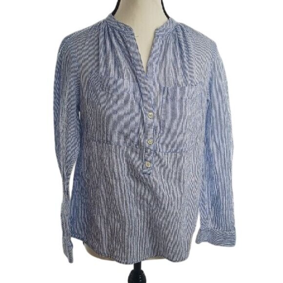 Michael Kors Blue Blouse Long Sleeve V Neck Half Button Striped Womens Size S - Picture 1 of 7